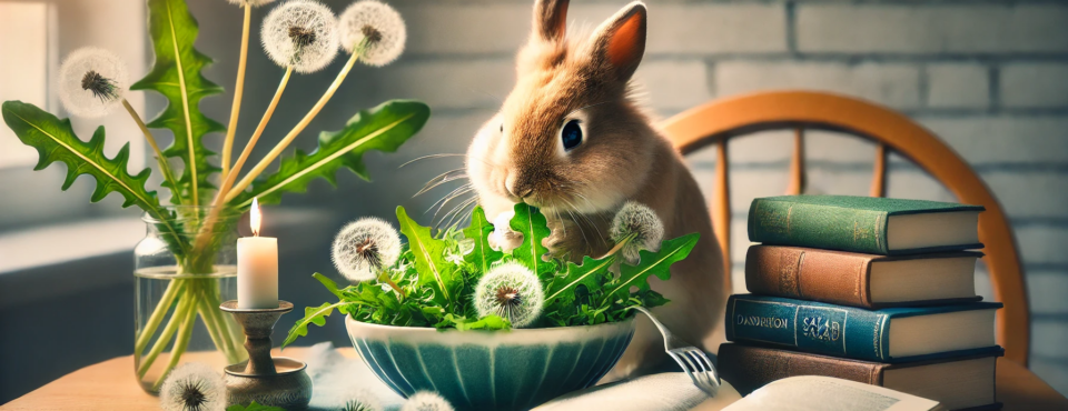 Illustration d'un lapin mangeant des plantes entouré de livres